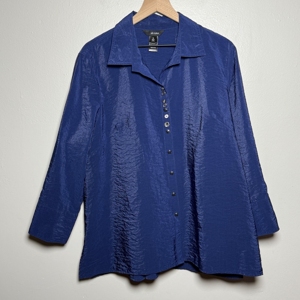 Ali Miles Womens Button Up Top‎ XL Blue Crinkle Oversized Artsy Office Lagenlook